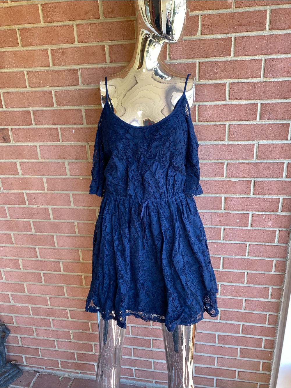 Hollister Navy Blue Floral Lace Cold Shoulder Mini Dress Large